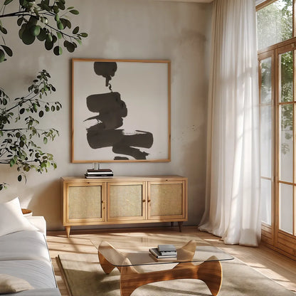 Swash IV by Chris Paschke. Shown in a natural wood frame in a cozy modern living room. Available as an archival giclee rolled canvas, fine art paper, or poster print. SKU 66219a.