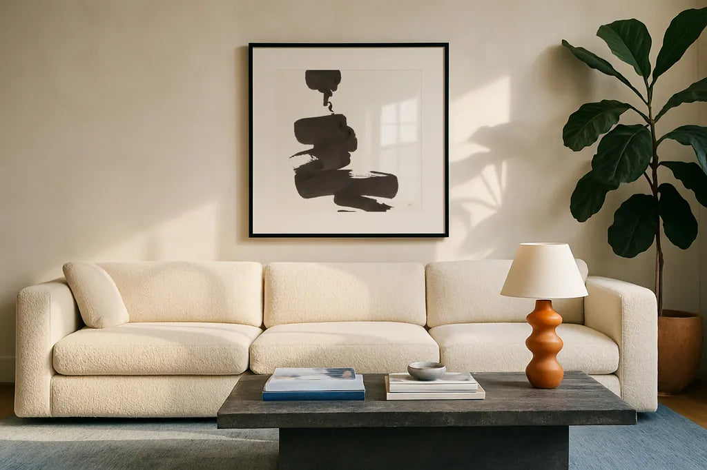 Swash IV by Chris Paschke. Displayed in a glass frame with matte in a clean modern living room. Available as an archival giclee rolled canvas, fine art paper, or poster print. SKU 66219a.