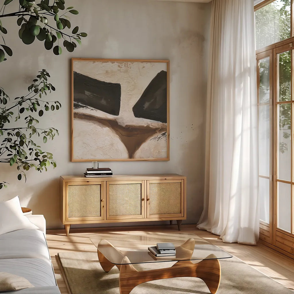 Tactile Inspiration I by Chris Paschke. Shown in a natural wood frame in a cozy modern living room. Available as an archival giclee rolled canvas, fine art paper, or poster print. SKU 86085a.