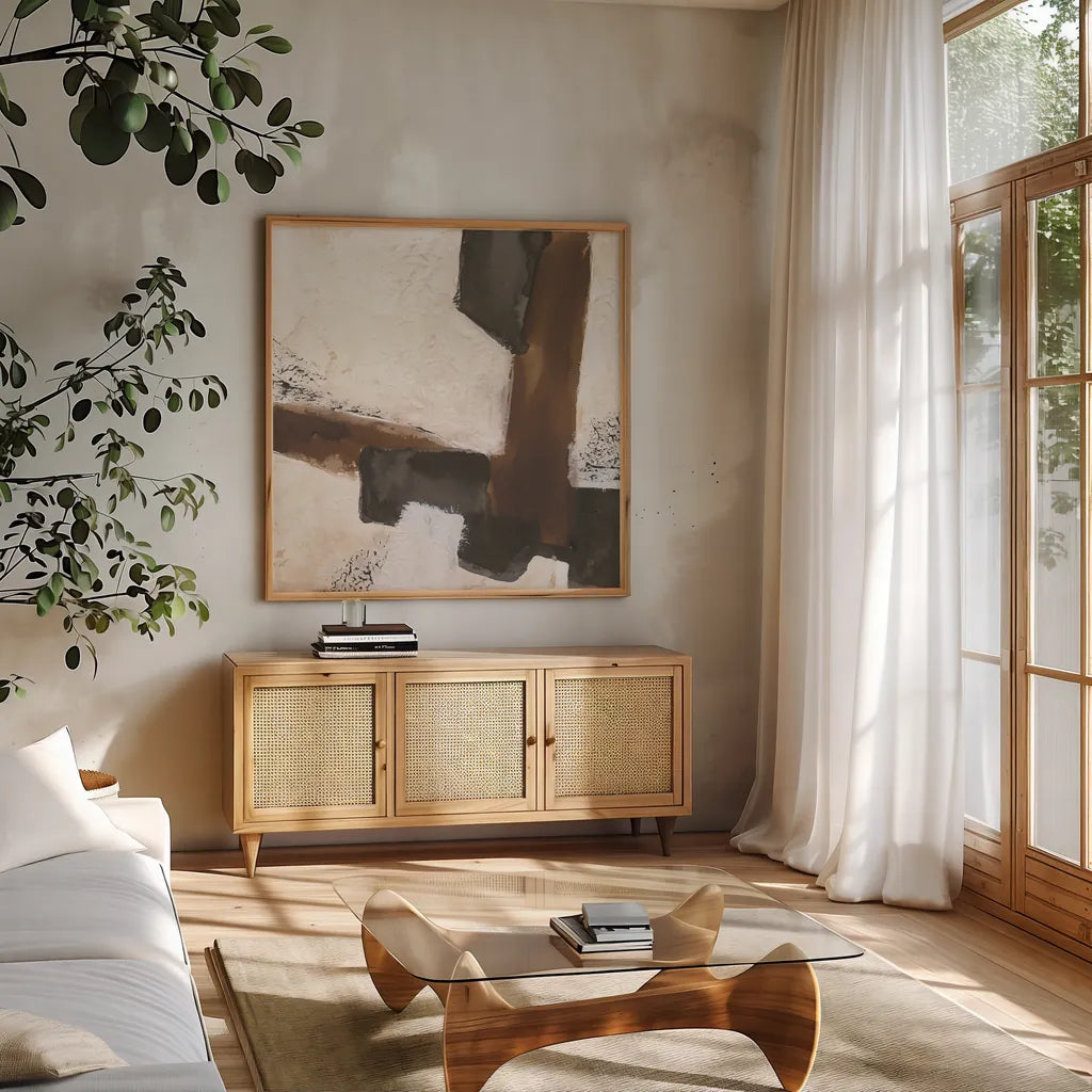 Tactile Inspiration III by Chris Paschke. Shown in a natural wood frame in a cozy modern living room. Available as an archival giclee rolled canvas, fine art paper, or poster print. SKU 86087a.