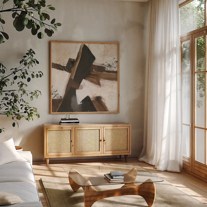 Tactile Inspiration V by Chris Paschke. Shown in a natural wood frame in a cozy modern living room. Available as an archival giclee rolled canvas, fine art paper, or poster print. SKU 86089a.