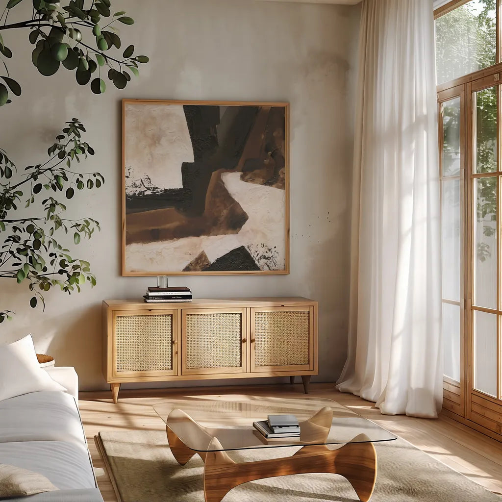 Tactile Inspiration VI by Chris Paschke. Shown in a natural wood frame in a cozy modern living room. Available as an archival giclee rolled canvas, fine art paper, or poster print. SKU 86090a.