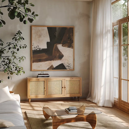 Tactile Inspiration VI by Chris Paschke. Shown in a natural wood frame in a cozy modern living room. Available as an archival giclee rolled canvas, fine art paper, or poster print. SKU 86090a.