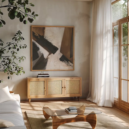 Tactile Inspiration VII by Chris Paschke. Shown in a natural wood frame in a cozy modern living room. Available as an archival giclee rolled canvas, fine art paper, or poster print. SKU 86091a.