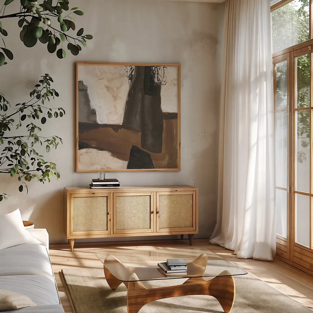 Tactile Inspiration VIII by Chris Paschke. Shown in a natural wood frame in a cozy modern living room. Available as an archival giclee rolled canvas, fine art paper, or poster print. SKU 86092a.