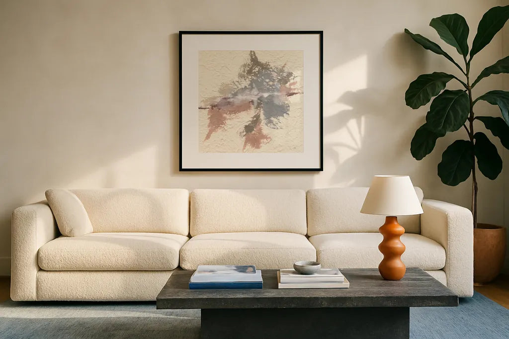 Tactile Simplicity II by Chris Paschke. Displayed in a glass frame with matte in a clean modern living room. Available as an archival giclee rolled canvas, fine art paper, or poster print. SKU 94406a.