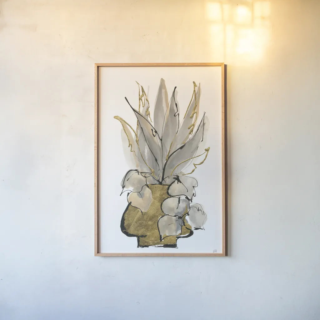 Tall Gilded Vase I by Chris Paschke. shown as a paper print in a natural frame. Available as a archival giclee rolled canvas, fine art paper, or poster print. SKU 74086h.