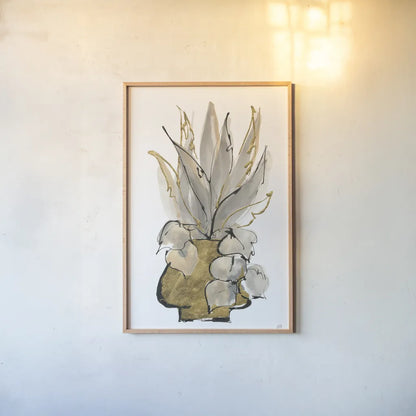 Tall Gilded Vase I by Chris Paschke. shown as a paper print in a natural frame. Available as a archival giclee rolled canvas, fine art paper, or poster print. SKU 74086h.