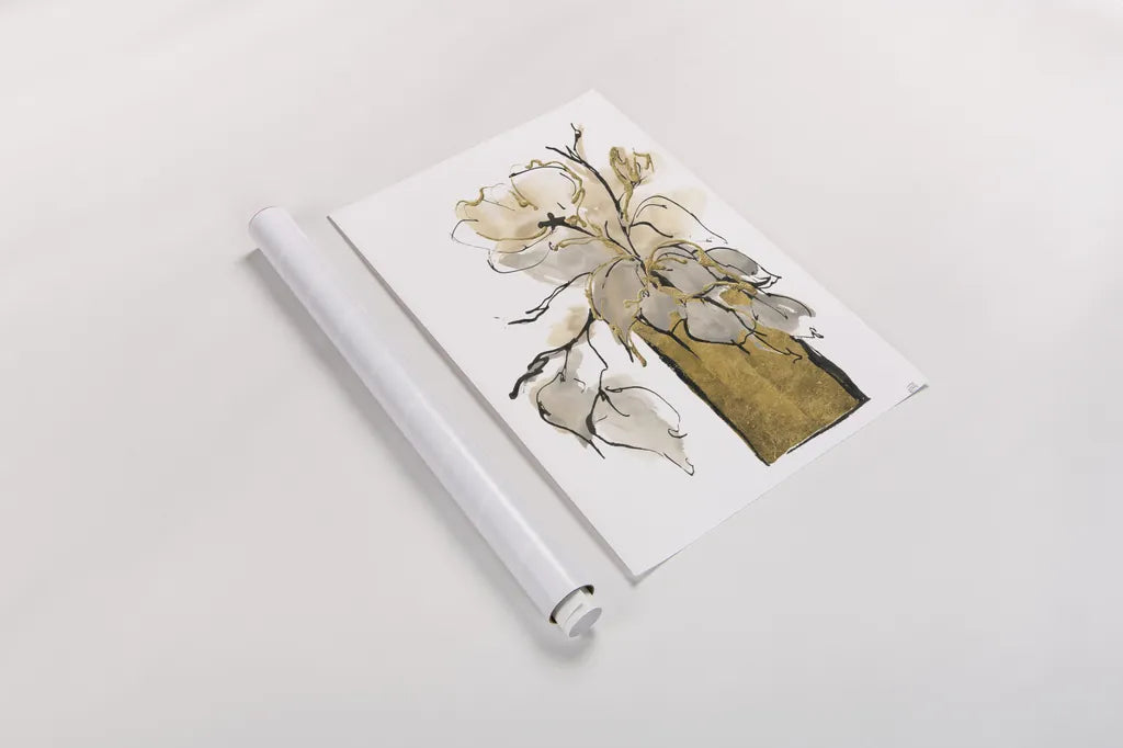 Tall Gilded Vase II by Chris Paschke. shown as a rolled paper print. Available as archival giclee rolled canvas, fine art paper, or poster print. SKU 74087h.