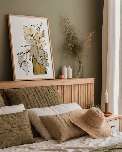 Tall Gilded Vase II by Chris Paschke. shown as a paper print in a natural frame. Available as a archival giclee rolled canvas, fine art paper, or poster print. SKU 74087h.