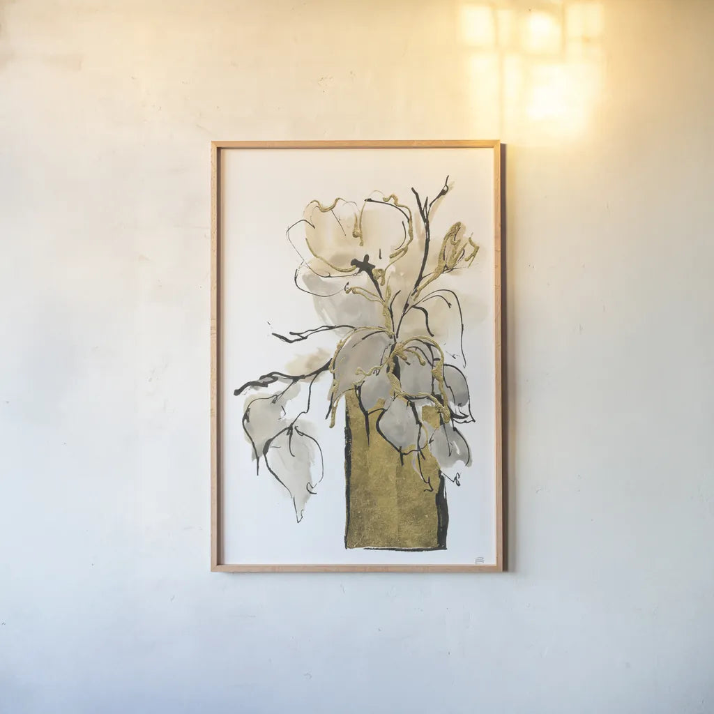 Tall Gilded Vase II by Chris Paschke. shown as a paper print in a natural frame. Available as a archival giclee rolled canvas, fine art paper, or poster print. SKU 74087h.