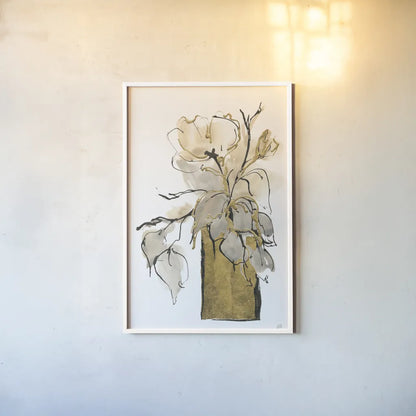 Tall Gilded Vase II by Chris Paschke. shown as a paper print in a white frame. Available as a archival giclee rolled canvas, fine art paper, or poster print. SKU 74087h.