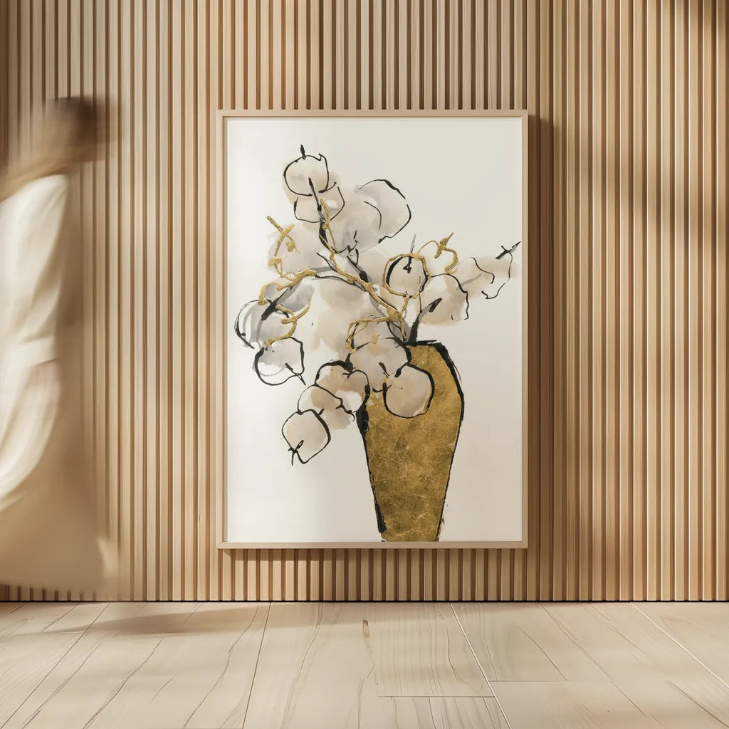 Tall Gilded Vase III by Chris Paschke. shown as over sized large wall art. Available as an archival giclee rolled canvas, fine art paper, or poster print. SKU 74088h.