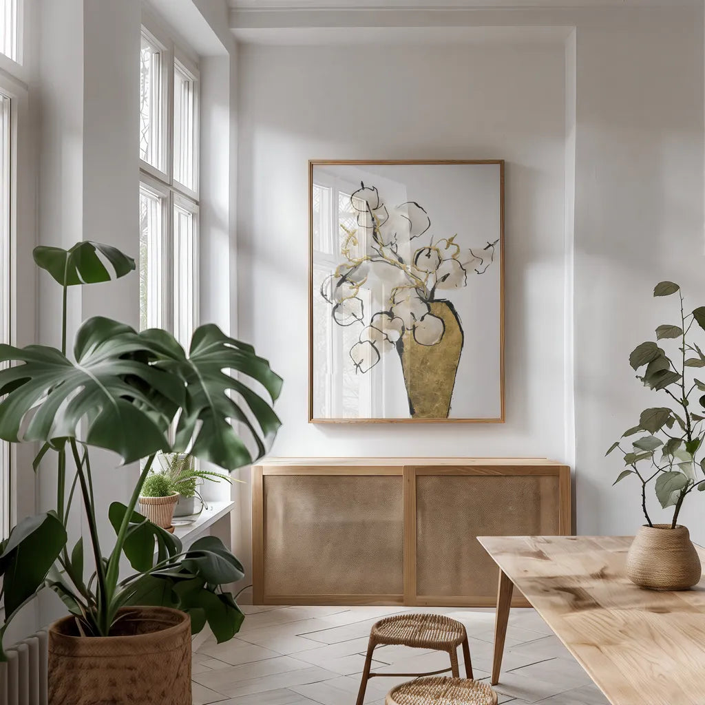 Tall Gilded Vase III by Chris Paschke. shown as a print in a natural wood frame in a dining room. Available as a archival giclee rolled canvas, fine art paper, or poster print. SKU 74088h.