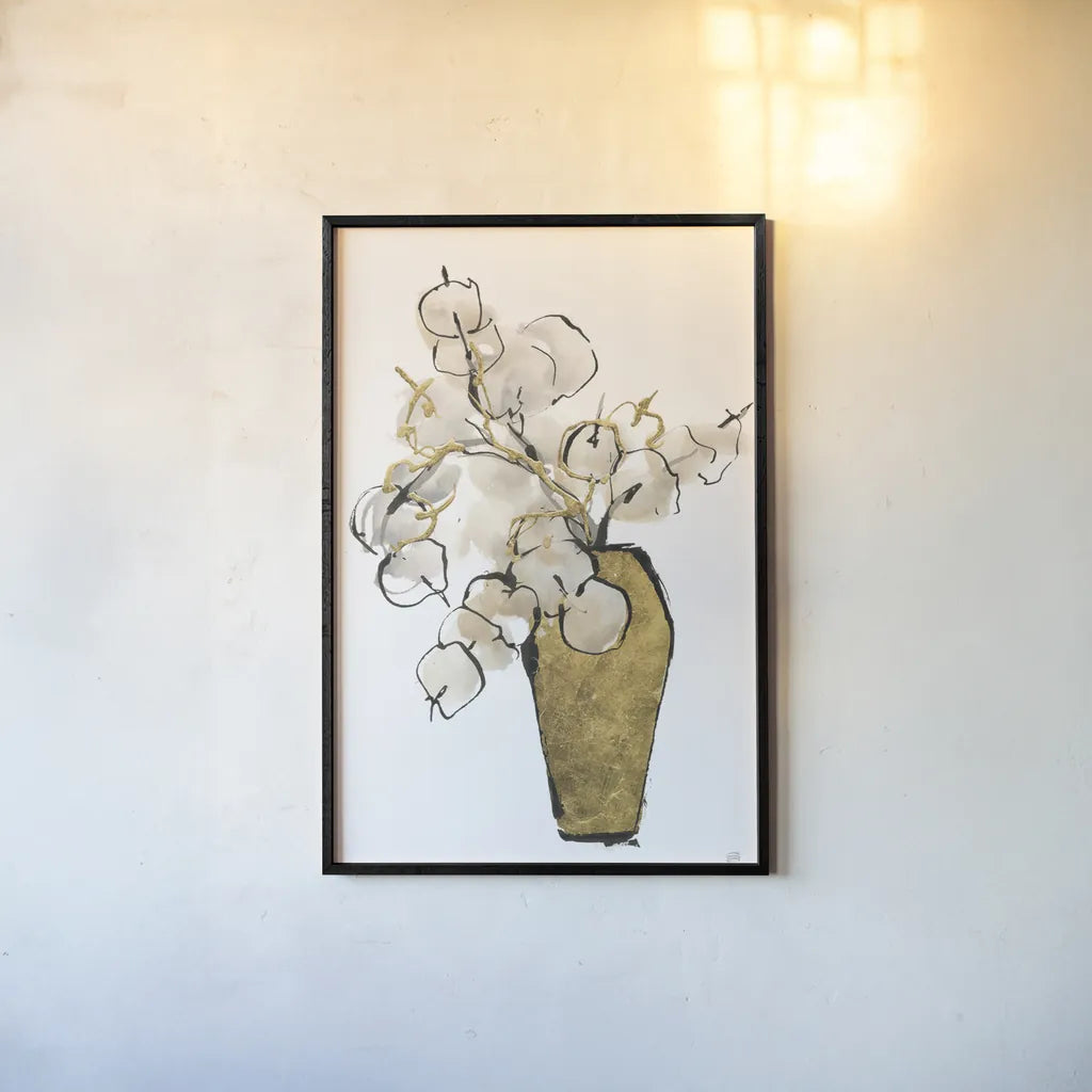 Tall Gilded Vase III by Chris Paschke. shown as a paper print in a black flame. Available as a archival giclee rolled canvas, fine art paper, or poster print. SKU 74088h.