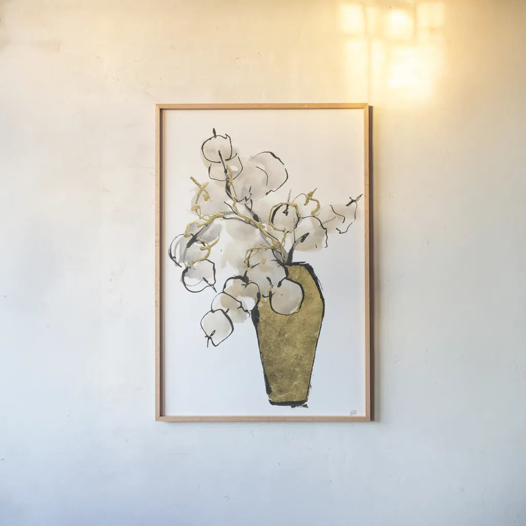 Tall Gilded Vase III by Chris Paschke. shown as a paper print in a natural frame. Available as a archival giclee rolled canvas, fine art paper, or poster print. SKU 74088h.