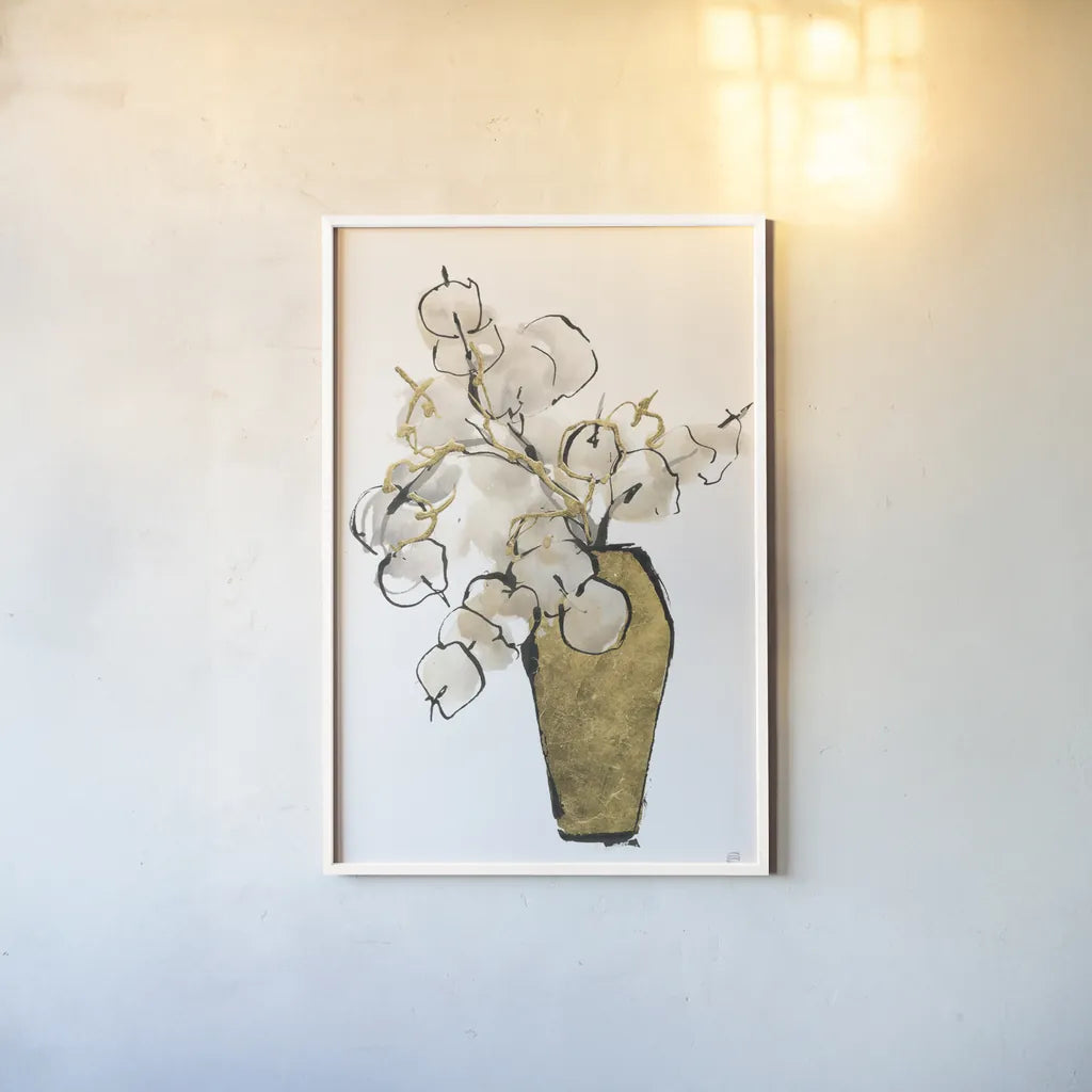 Tall Gilded Vase III by Chris Paschke. shown as a paper print in a white frame. Available as a archival giclee rolled canvas, fine art paper, or poster print. SKU 74088h.