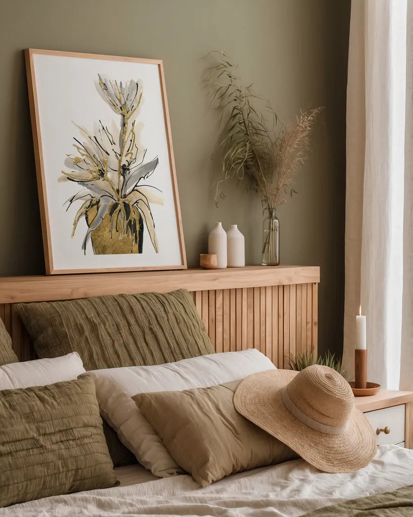 Tall Gilded Vase IV by Chris Paschke. shown as a paper print in a natural frame. Available as a archival giclee rolled canvas, fine art paper, or poster print. SKU 74089h.