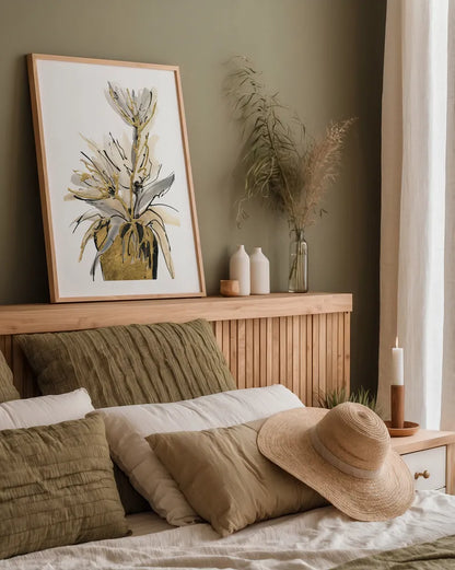 Tall Gilded Vase IV by Chris Paschke. shown as a paper print in a natural frame. Available as a archival giclee rolled canvas, fine art paper, or poster print. SKU 74089h.