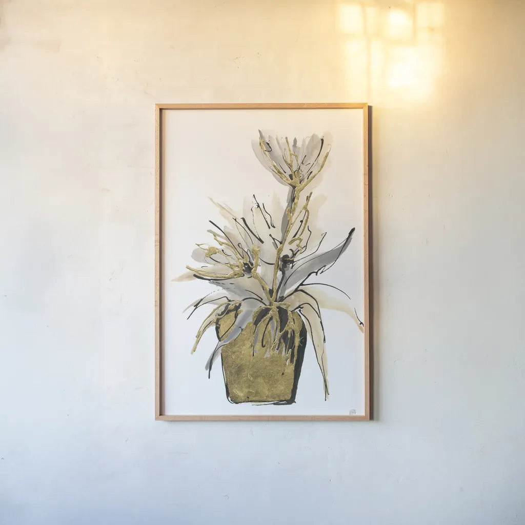 Tall Gilded Vase IV by Chris Paschke. shown as a paper print in a natural frame. Available as a archival giclee rolled canvas, fine art paper, or poster print. SKU 74089h.