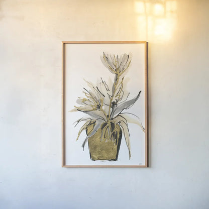 Tall Gilded Vase IV by Chris Paschke. shown as a paper print in a natural frame. Available as a archival giclee rolled canvas, fine art paper, or poster print. SKU 74089h.