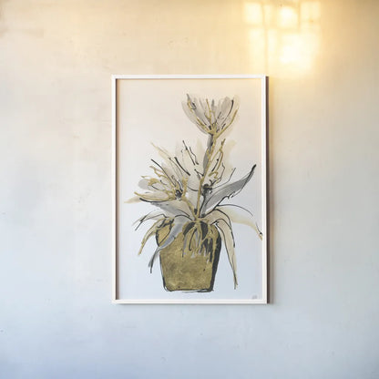 Tall Gilded Vase IV by Chris Paschke. shown as a paper print in a white frame. Available as a archival giclee rolled canvas, fine art paper, or poster print. SKU 74089h.