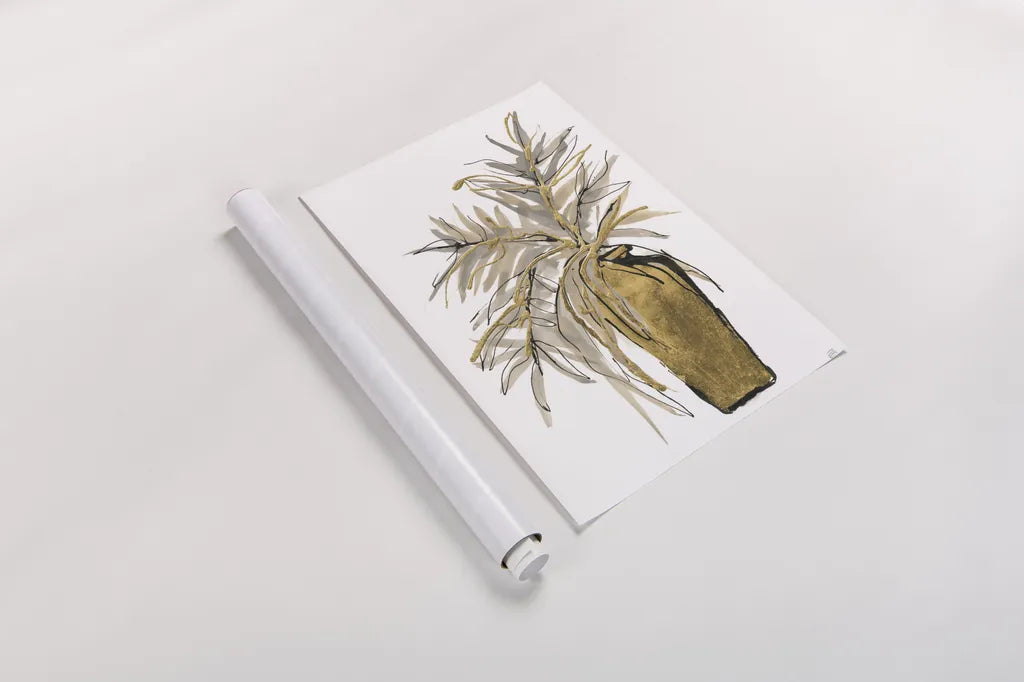 Tall Gilded Vase V by Chris Paschke. shown as a rolled paper print. Available as archival giclee rolled canvas, fine art paper, or poster print. SKU 74090h.