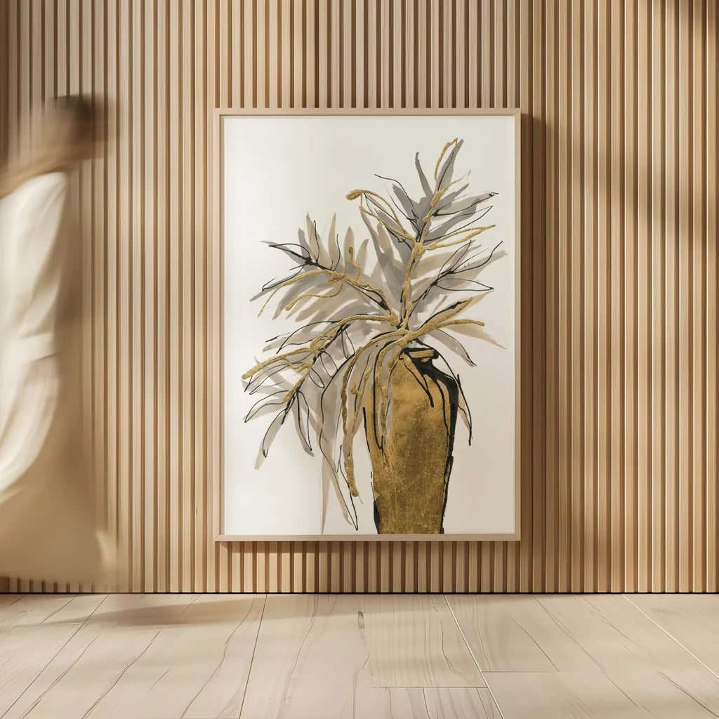 Tall Gilded Vase V by Chris Paschke. shown as over sized large wall art. Available as an archival giclee rolled canvas, fine art paper, or poster print. SKU 74090h.