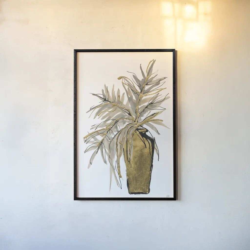 Tall Gilded Vase V by Chris Paschke. shown as a paper print in a black flame. Available as a archival giclee rolled canvas, fine art paper, or poster print. SKU 74090h.