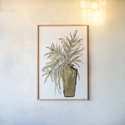 Tall Gilded Vase V by Chris Paschke. shown as a paper print in a natural frame. Available as a archival giclee rolled canvas, fine art paper, or poster print. SKU 74090h.