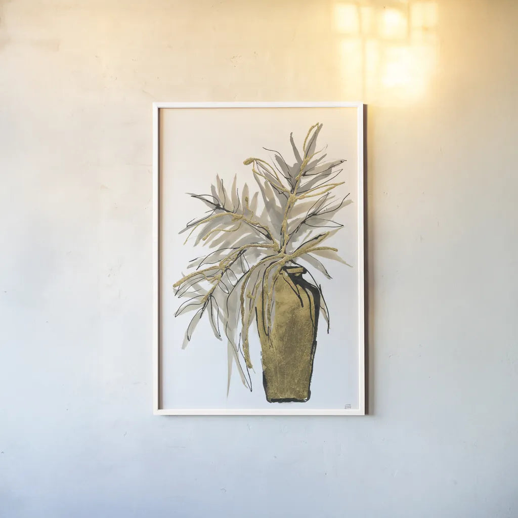 Tall Gilded Vase V by Chris Paschke. shown as a paper print in a white frame. Available as a archival giclee rolled canvas, fine art paper, or poster print. SKU 74090h.
