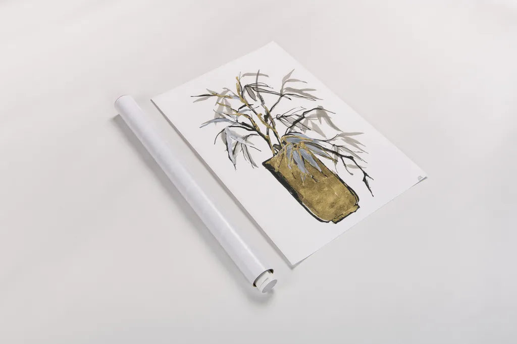 Tall Gilded Vase VI by Chris Paschke. shown as a rolled paper print. Available as archival giclee rolled canvas, fine art paper, or poster print. SKU 74091h.