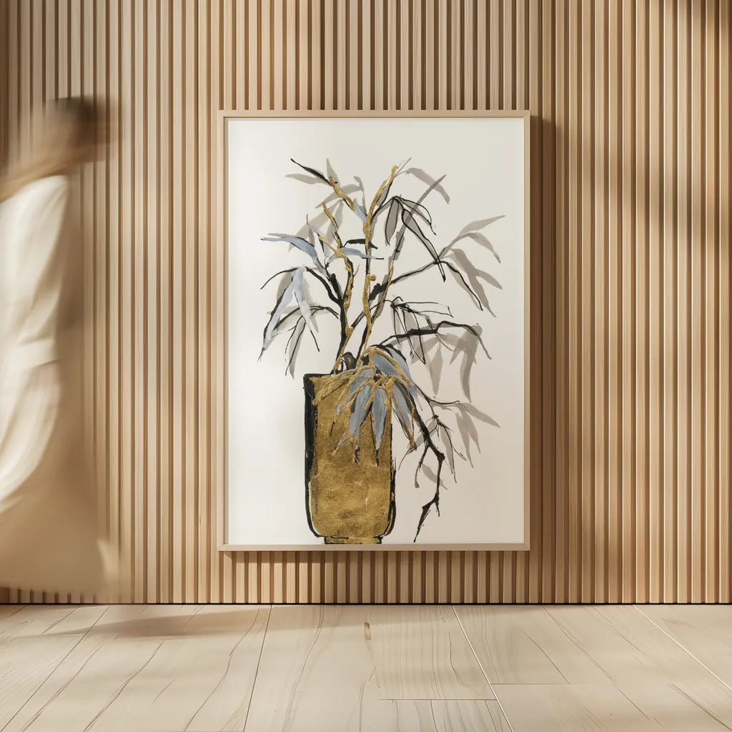 Tall Gilded Vase VI by Chris Paschke. shown as over sized large wall art. Available as an archival giclee rolled canvas, fine art paper, or poster print. SKU 74091h.