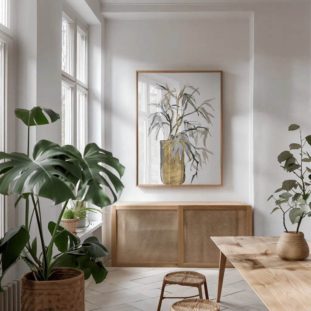 Tall Gilded Vase VI by Chris Paschke. shown as a print in a natural wood frame in a dining room. Available as a archival giclee rolled canvas, fine art paper, or poster print. SKU 74091h.