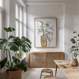 Tall Gilded Vase VI by Chris Paschke. shown as a print in a natural wood frame in a dining room. Available as a archival giclee rolled canvas, fine art paper, or poster print. SKU 74091h.