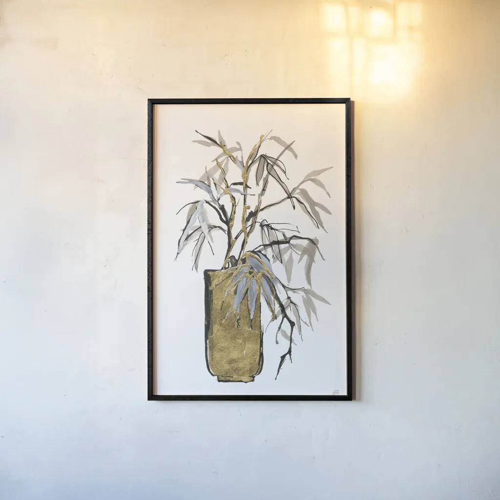 Tall Gilded Vase VI by Chris Paschke. shown as a paper print in a black flame. Available as a archival giclee rolled canvas, fine art paper, or poster print. SKU 74091h.