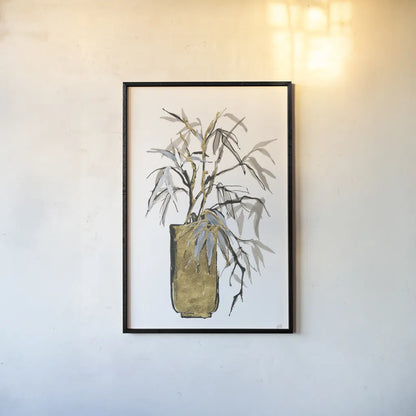Tall Gilded Vase VI by Chris Paschke. shown as a paper print in a black flame. Available as a archival giclee rolled canvas, fine art paper, or poster print. SKU 74091h.