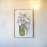Tall Gilded Vase VI by Chris Paschke. shown as a paper print in a natural frame. Available as a archival giclee rolled canvas, fine art paper, or poster print. SKU 74091h.