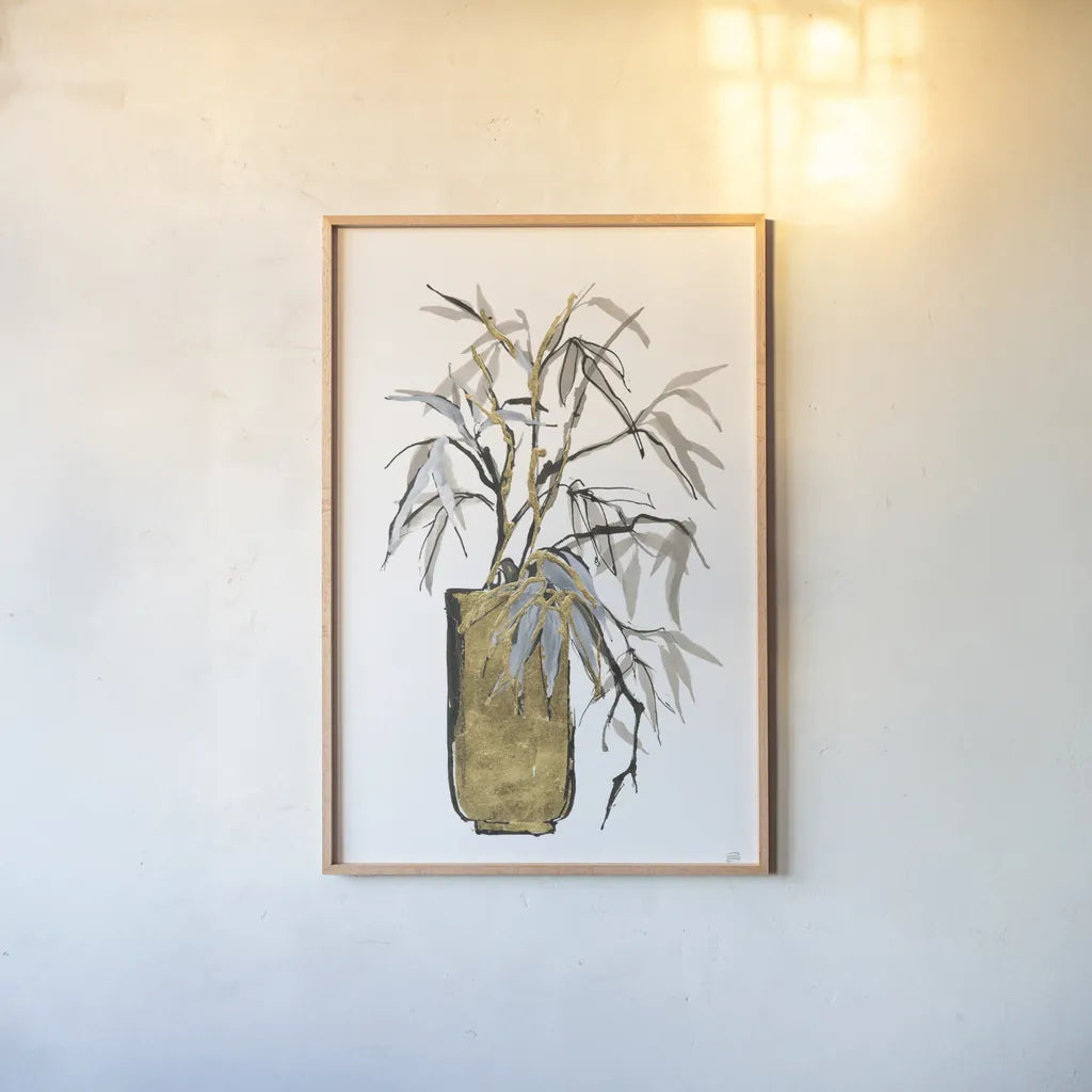 Tall Gilded Vase VI by Chris Paschke. shown as a paper print in a natural frame. Available as a archival giclee rolled canvas, fine art paper, or poster print. SKU 74091h.