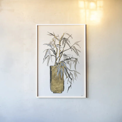 Tall Gilded Vase VI by Chris Paschke. shown as a paper print in a white frame. Available as a archival giclee rolled canvas, fine art paper, or poster print. SKU 74091h.
