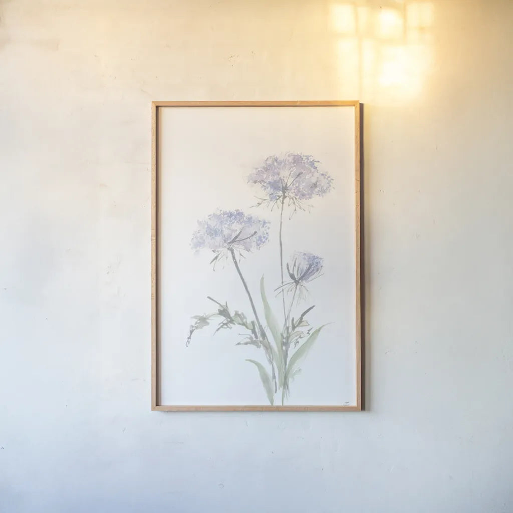 Tall Queen Annes Lace I by Chris Paschke. shown as a paper print in a natural frame. Available as a archival giclee rolled canvas, fine art paper, or poster print. SKU 73077h.