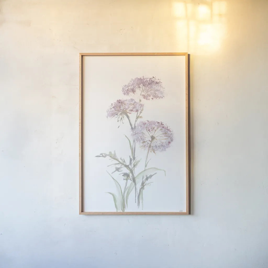 Tall Queen Annes Lace III by Chris Paschke. shown as a paper print in a natural frame. Available as a archival giclee rolled canvas, fine art paper, or poster print. SKU 73079h.