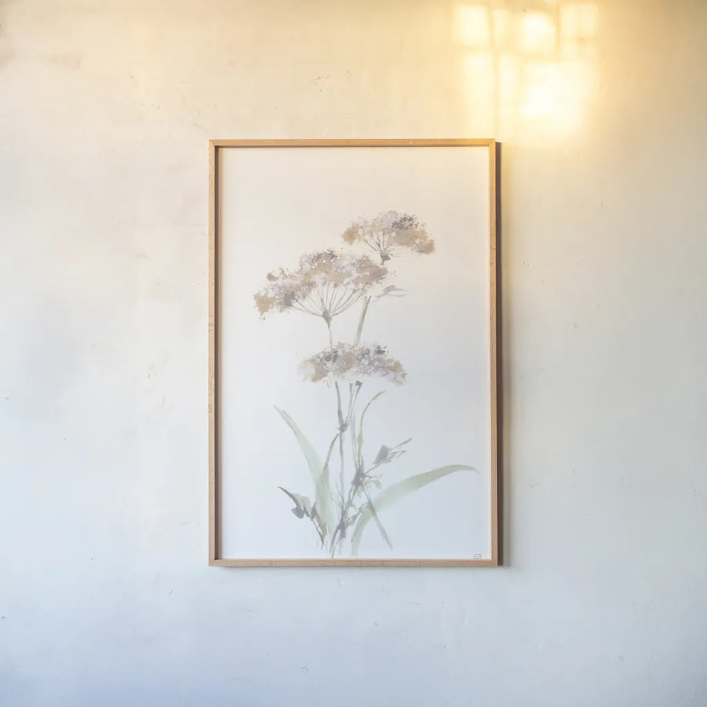 Tall Queen Annes Lace IV by Chris Paschke. shown as a paper print in a natural frame. Available as a archival giclee rolled canvas, fine art paper, or poster print. SKU 73080h.
