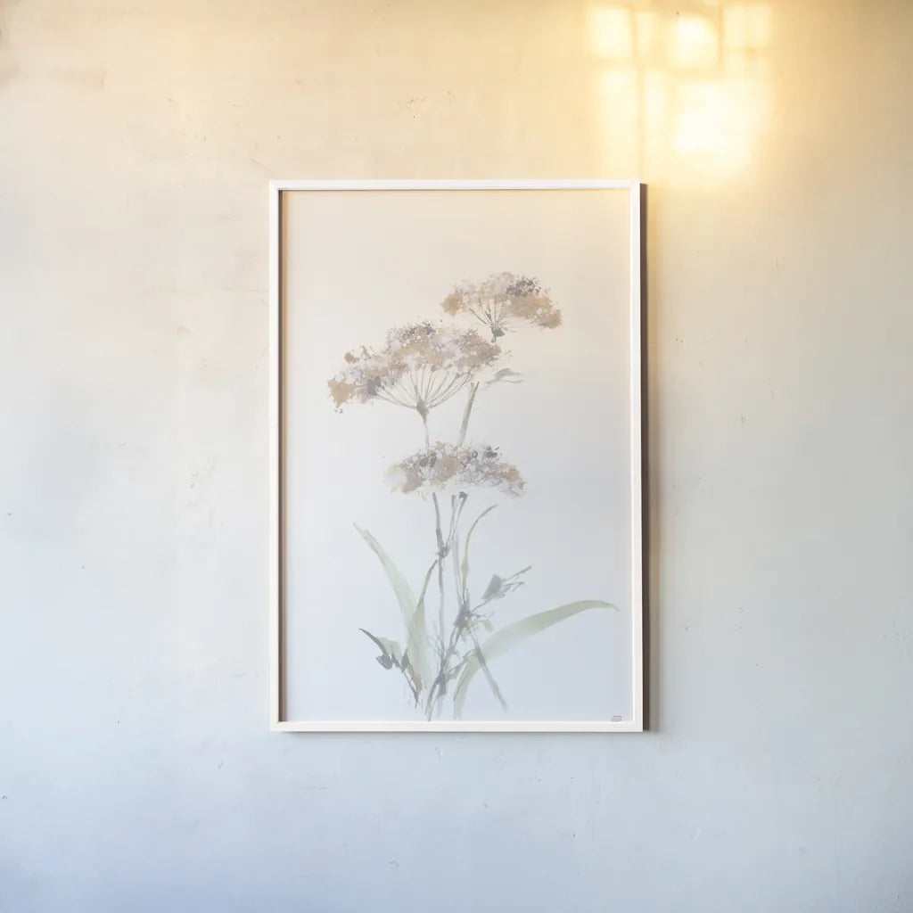 Tall Queen Annes Lace IV by Chris Paschke. shown as a paper print in a white frame. Available as a archival giclee rolled canvas, fine art paper, or poster print. SKU 73080h.