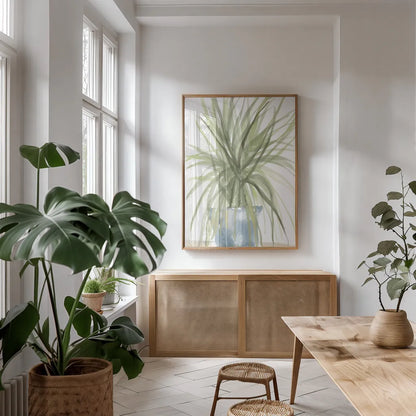 Tall Sunroom II Blue by Chris Paschke. shown as a print in a natural wood frame in a dining room. Available as a archival giclee rolled canvas, fine art paper, or poster print. SKU 86554h.