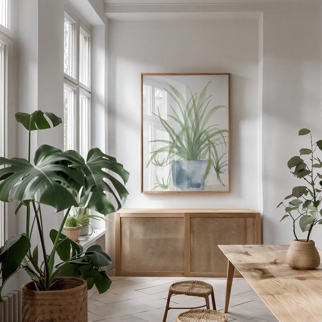Tall Sunroom IV Blue by Chris Paschke. shown as a print in a natural wood frame in a dining room. Available as a archival giclee rolled canvas, fine art paper, or poster print. SKU 86555h.