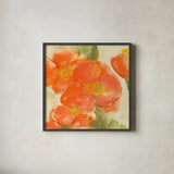 Tangerine Poppies I by Chris Paschke. Shown in a sleek black glass frame for a contemporary gallery look. Available as an archival giclee rolled canvas, fine art paper, or poster print. SKU 50257a.