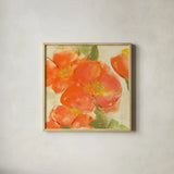 Tangerine Poppies I by Chris Paschke. Shown in a natural wood glass frame for a timeless modern aesthetic. Available as an archival giclee rolled canvas, fine art paper, or poster print. SKU 50257a.