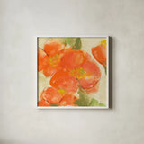 Tangerine Poppies I by Chris Paschke. Shown in a crisp white glass frame for a clean and minimalist style. Available as an archival giclee rolled canvas, fine art paper, or poster print. SKU 50257a.