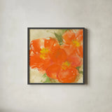 Tangerine Poppies II by Chris Paschke. Shown in a sleek black glass frame for a contemporary gallery look. Available as an archival giclee rolled canvas, fine art paper, or poster print. SKU 50258a.